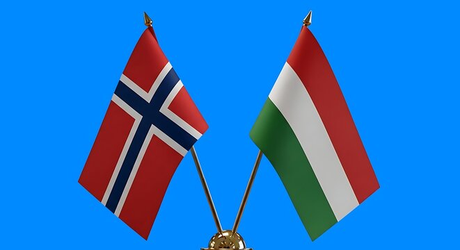 Norwegian and Hungarian national flags proudly crossed on a golden stand symbolizing diplomatic relations and international partnership