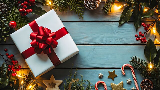 Christmas gift box with red ribbon, pine branches and festive decorations on wooden background