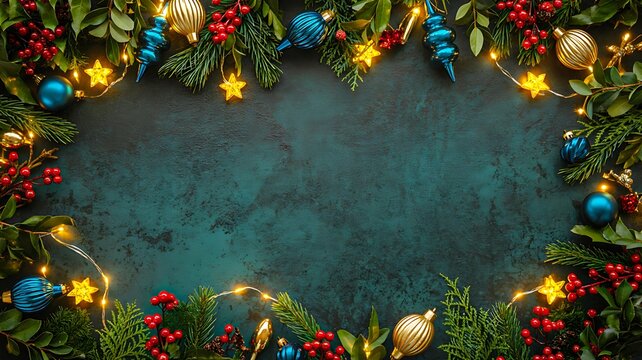 Festive christmas border with evergreen branches, colorful baubles and red berries on teal background
