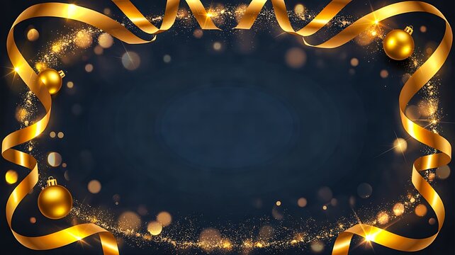 Luxury gold ribbon frame with sparkling lights and dark blue background