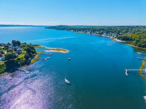 Bristol Narrows of the Kickemuit River at its mouth, where the river meets to Mount Hope Bay, Warren, Rhode Island RI, USA. 