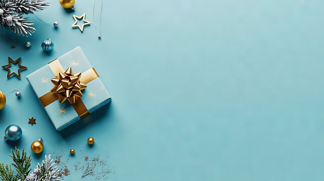 Elegant blue gift box with golden bow and christmas ornaments on turquoise background