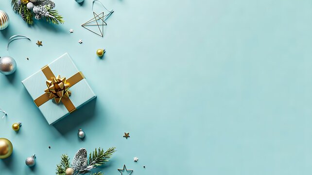 Blue gift box with golden ribbon and winter decorations on turquoise background