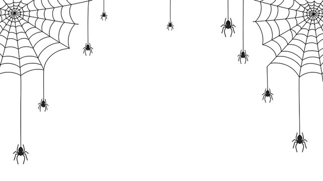 Black spider webs and hanging spiders framing a white background for halloween