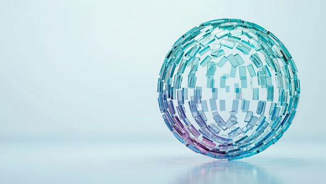 Hollow sphere formed by floating rectangular glass tiles in blue and purple
