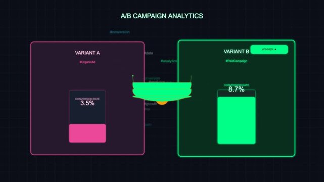 Ab testing digital campaign analytics dashboard showing variant comparison with conversion rates digital interface displaying ab with comparative performance metrics for two variants including rate