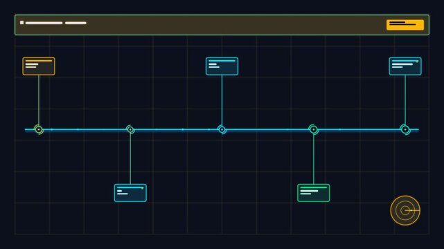 Timeline digital infographic interface with interactive nodes and status tabs clean digital user featuring sequential and expandable information on a dark grid background