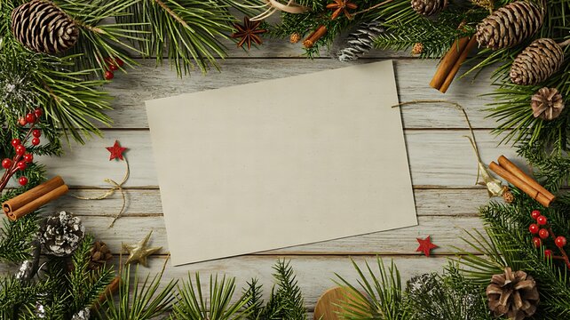 Christmas greenery and pine cones framing a blank rustic wooden background