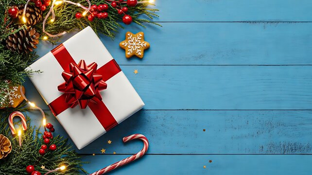 Christmas gift box with red ribbon and festive decorations on blue wooden background