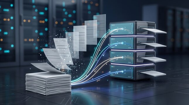 Digital data stream flowing from document stack into server rack in modern data center environment featuring high speed fiber optic connection and complex information processing 3d render