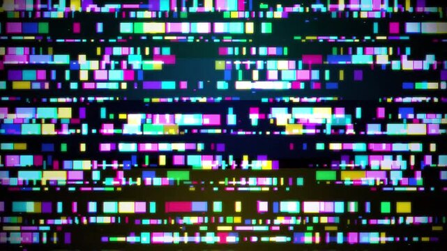Digital static interference creating a colorful, abstract mosaic of pixelated lines and squares, representing signal disruption or data corruption in a modern technological context.