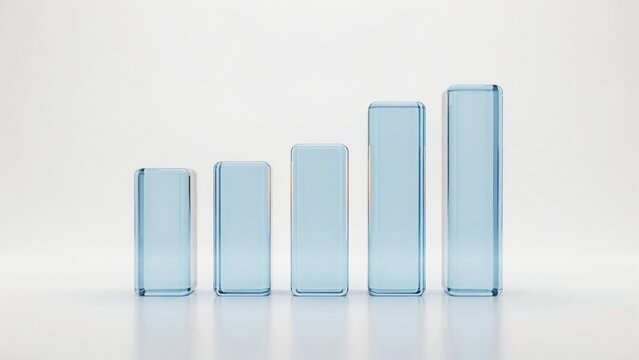 Rising bar chart made of five translucent blue glass rectangular blocks