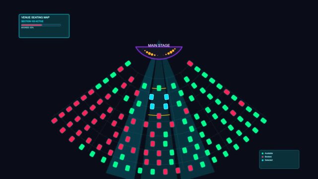 Digital venue seating map interface showing available and booked seats a digital graphic illustrating a with color coded markers for and sections data visualization availability event planning