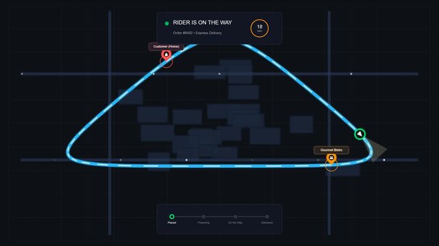 Digital delivery tracking map interface showing rider route progress a flat style user depicting a with highlighted route estimated time status bar