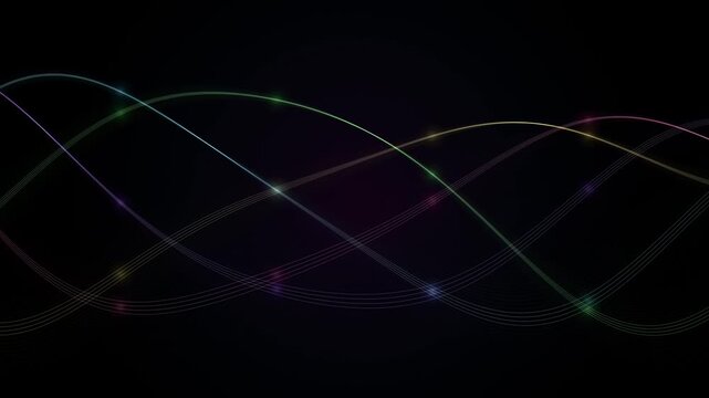 Abstract flowing lines and colorful dots create a mesmerizing visual symphony against a dark background, suggesting data visualization or sound waves.