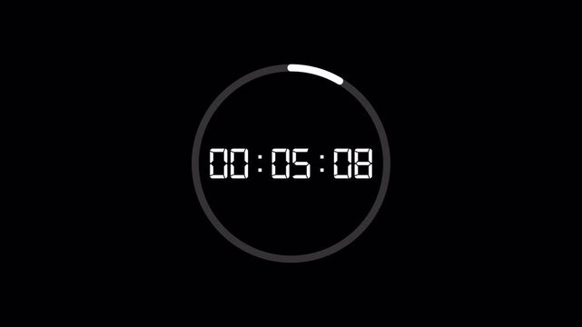 Digital circle count up timer one minute animation from 0 to 60 seconds on transparent background. 60 seconds count up timer animation. 4k video