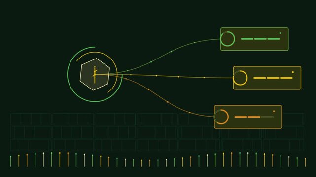 Technical system dashboard visualizing data node connectivity and task management labels abstract representation of flow connecting centralized hubs to peripheral components within a dark interface