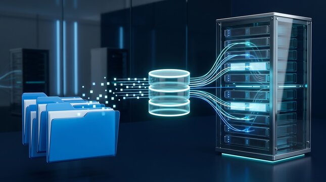 Database connection process visualizing multiple folder directories streaming data into central server rack via high capacity fiber optic network infrastructure 3d render