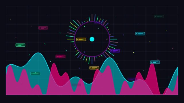 Digital data visualization with oscillating waveform frequency chart dynamic charts with neon nodes and floating interface elements on a dark background frequency graph digital analytics sound wave