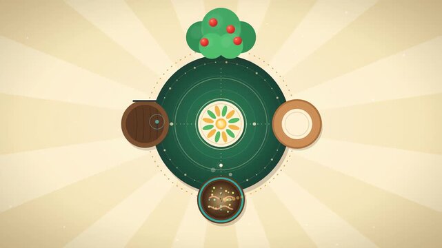 Circular food cycle animation showing apple growth from orchard to compost and back into a new harvest loop