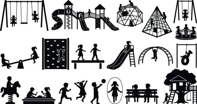 Black silhouette icon set of kids playing on playground equipment including swings slides climbing frames and treehouse vector