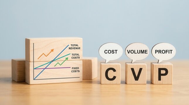 Cost volume profit analysis concept using wooden blocks and a growth graph.