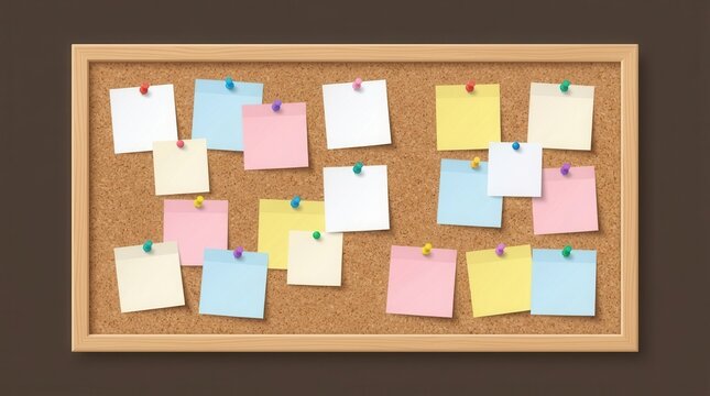 Office wood bulletin pinboard with pinned memo sheets and notes.