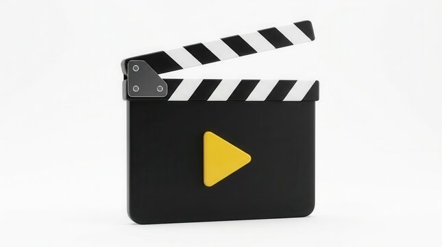 3D movie clapper board with a yellow video play icon isolated on white background.