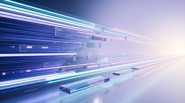 High speed data transmission concept with glowing glass beams and light trails moving through a digital space representing fiber optic communication and modern network speed