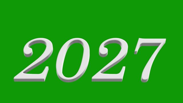 White 3D year numerals rotate and change sequentially from 2026 to 2032 against a bright green screen background, suitable for chroma key compositing.