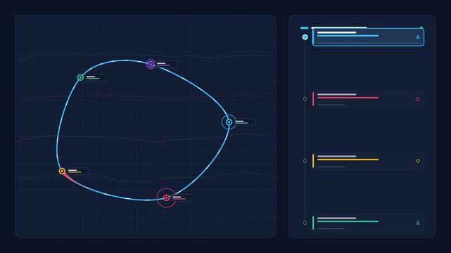 Abstract circular path visualization with list panel interface an technical featuring a data with markers and a side for categorized items data technology motion design software