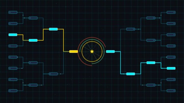 Interactive tournament bracket visualization with glowing center icon a digital competition featuring a star in the and blue connecting lines competition interface match winner championship