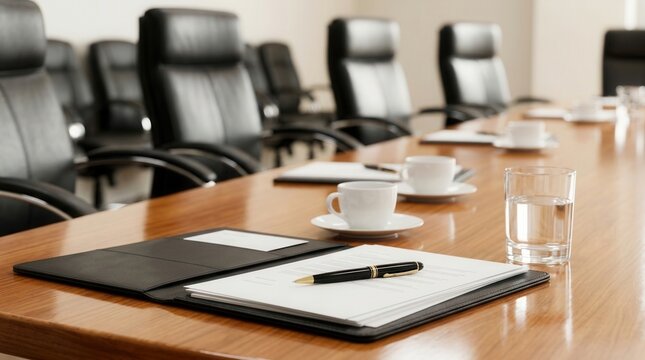 Polished conference table with an open folder, pen, and coffee cups in a boardroom.