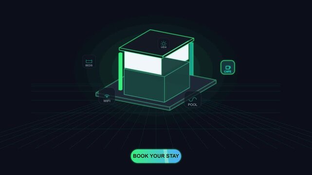 Abstract 3D isometric house model with digital hotel amenities icons and booking button interface a digital 3D of a modern building featuring floating representing like wifi pool cafe