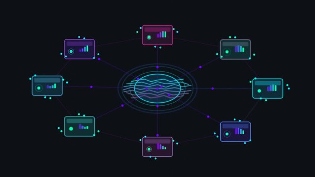 Abstract data connection hub with multiple business analytics dashboards and glowing interface elements a centralized digital connected to showing various charts and financial metrics