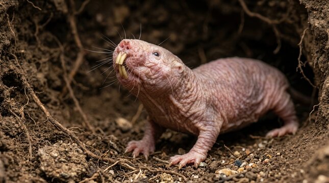 A close-up shot of a naked mole rat with wrinkled skin and whiskers in a dimly lit burrow tunnel.