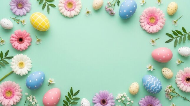Elegant Easter eggs and spring flowers arranged on a mint green background.