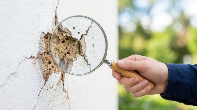 Inspector analyzing building facade damage using a magnifying glass closeup.
