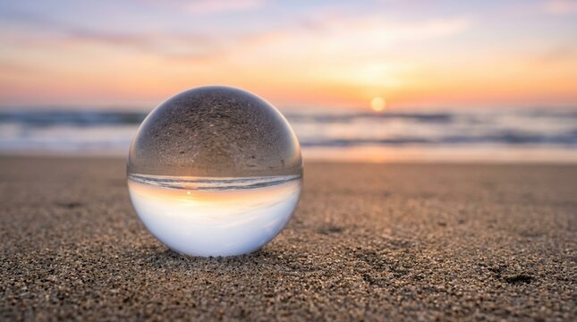 Artistic macro shot of a glass ball reflecting an inverted sunset on a sandy beach.