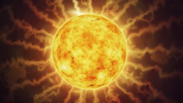 Loop glowing sun star with coronal mass ejections and solar wind. Animated sun surface background with solar flares and plasma loops