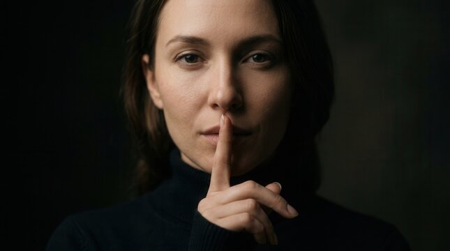 A woman signals for quiet by placing her finger to her lips in a dark environment.