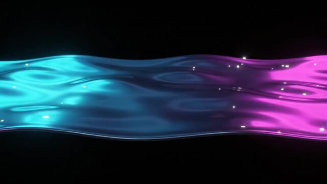 Iridescent liquid chrome flowing with neon purple and blue light