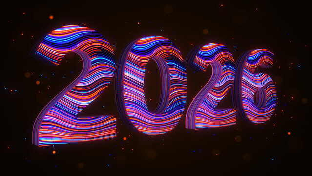 Large 3D 2026 numerals featuring flowing blue, orange, red, and purple stripes with glowing particles against a dark futuristic background, symbolizing future plans and new beginnings.