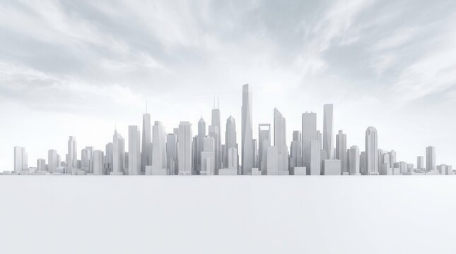 Minimalist grayscale city skyline featuring white skyscrapers and soft clouds.