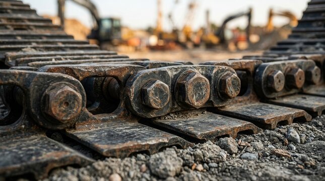 Close-up of heavy machinery tracks on a construction site.