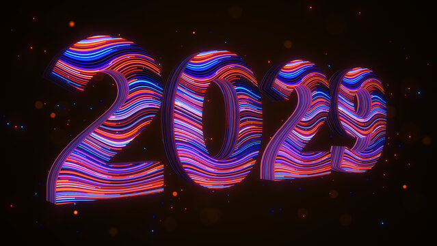 Large 3D 2029 numerals feature colorful neon waves, luminous blue and orange lines, and scattered glowing particles on a dark background, illustrating future goals and approaching milestones.