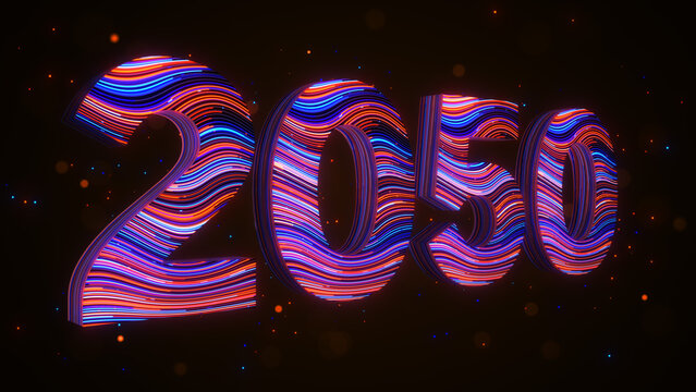 Bold 3D 2050 numerals feature colorful blue, orange, red, and purple stripes with glowing particles on a dark background, evoking futuristic technology and visions of the distant future.