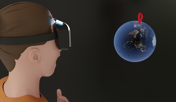 Eyewear, VR, GPS location tracking technology, woman wearing virtual reality glasses, 3D illustration.