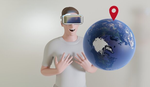 Eyewear, VR, GPS location tracking technology, woman wearing virtual reality glasses, 3D illustration.
