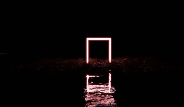 Glowing neon rectangular frame, 3D illustration.